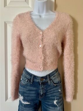 Soft Blush Fuzzy V-Neck Cardigan Sweater